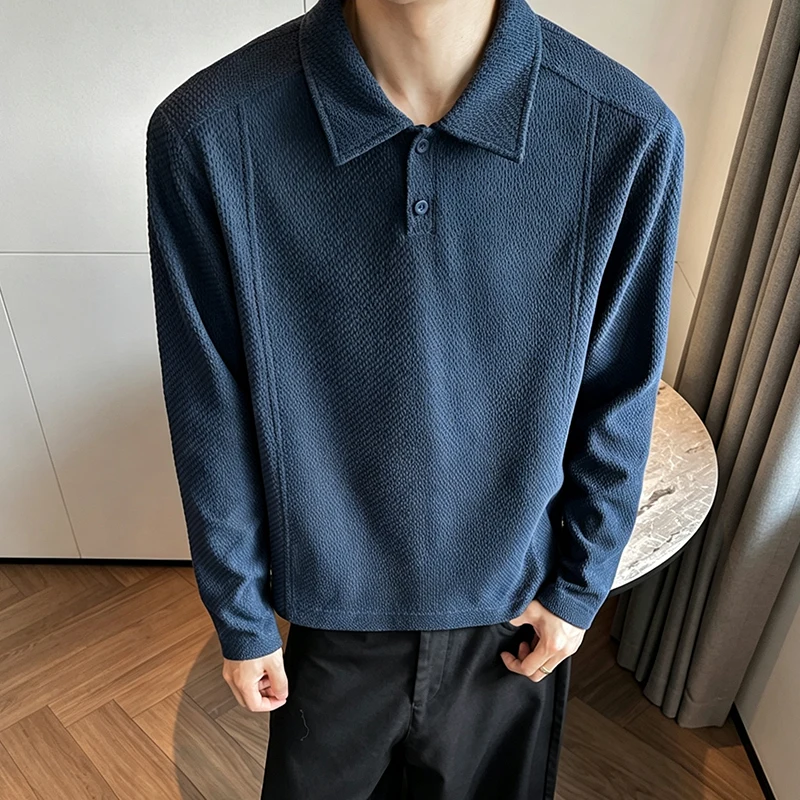 Herren-Poloshirt mit strukturierter Oberfläche, langen Ärmeln, Reverskragen, lockerer, übergroßer Passform, lässig, für den täglichen Gebrauch, einfarbig, modische Oberteile für Herren. – Detail 17