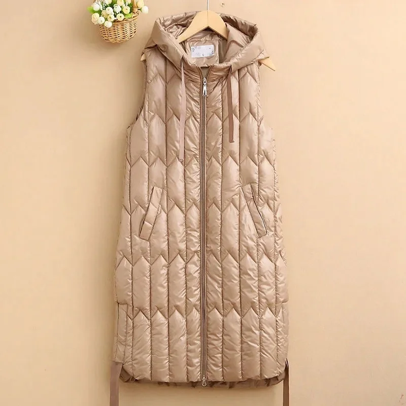 Autumn Winter Coat Down Cotton Vest 2023 Women Long Vest Loose Hooded Sleeveless Jacket Female Waistcoat Outerwear Chaleco Mujer