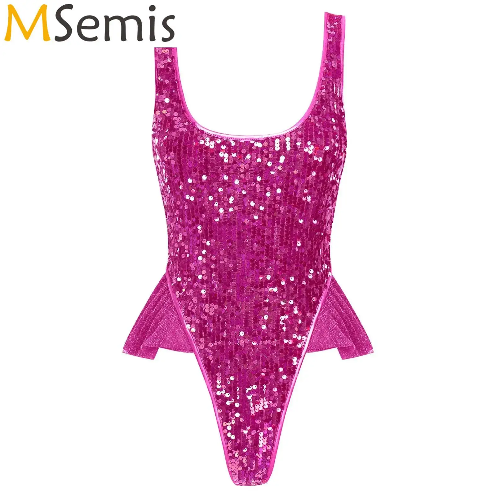 

Women's Sequins Jumpsuit Swimsuit One Piece Sparkly U Neck Sleeveless Swimwear Chest Pads Shiny Summer Beach Bathing Suit