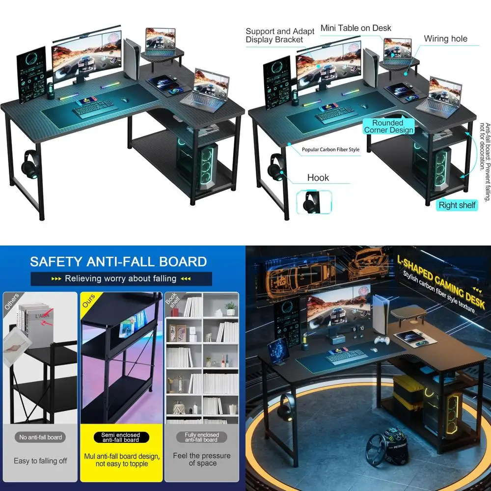

Carbon Fiber Style L-Shaped Gaming Desk with Monitor Arm and Storage Shelves, Corner Desk for Gaming