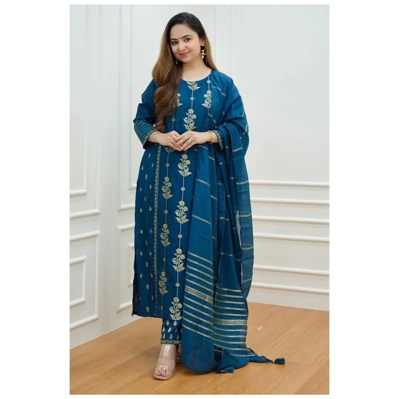 

Pakistani Bollywood Designer Blue Embroidery Straight Kurti Pant & Dupatta Dress