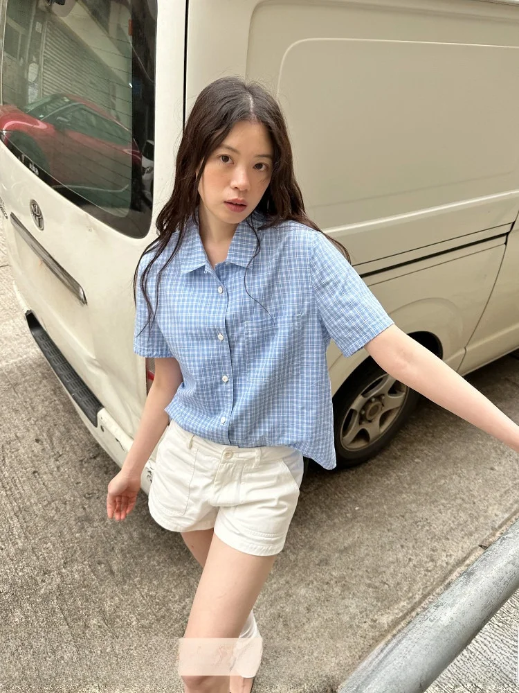 

UNRETRO American College Sle Cuban Collar Plaid ort Sve Casual Loose Women's irt Summer Pure Cotton Streetwear Top