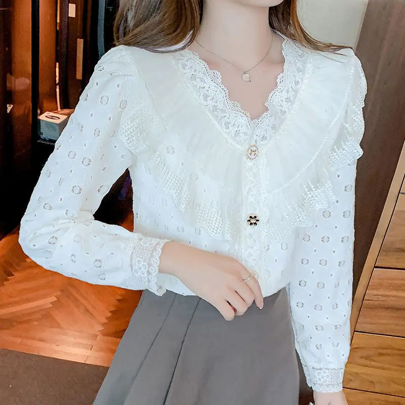 Women\'s Fashion Ruffles Embroidery Lace Hollow Out Button Up Shirt Fairy Sweet Chic Blouse Female Casual V Neck Long Sleeve Tops