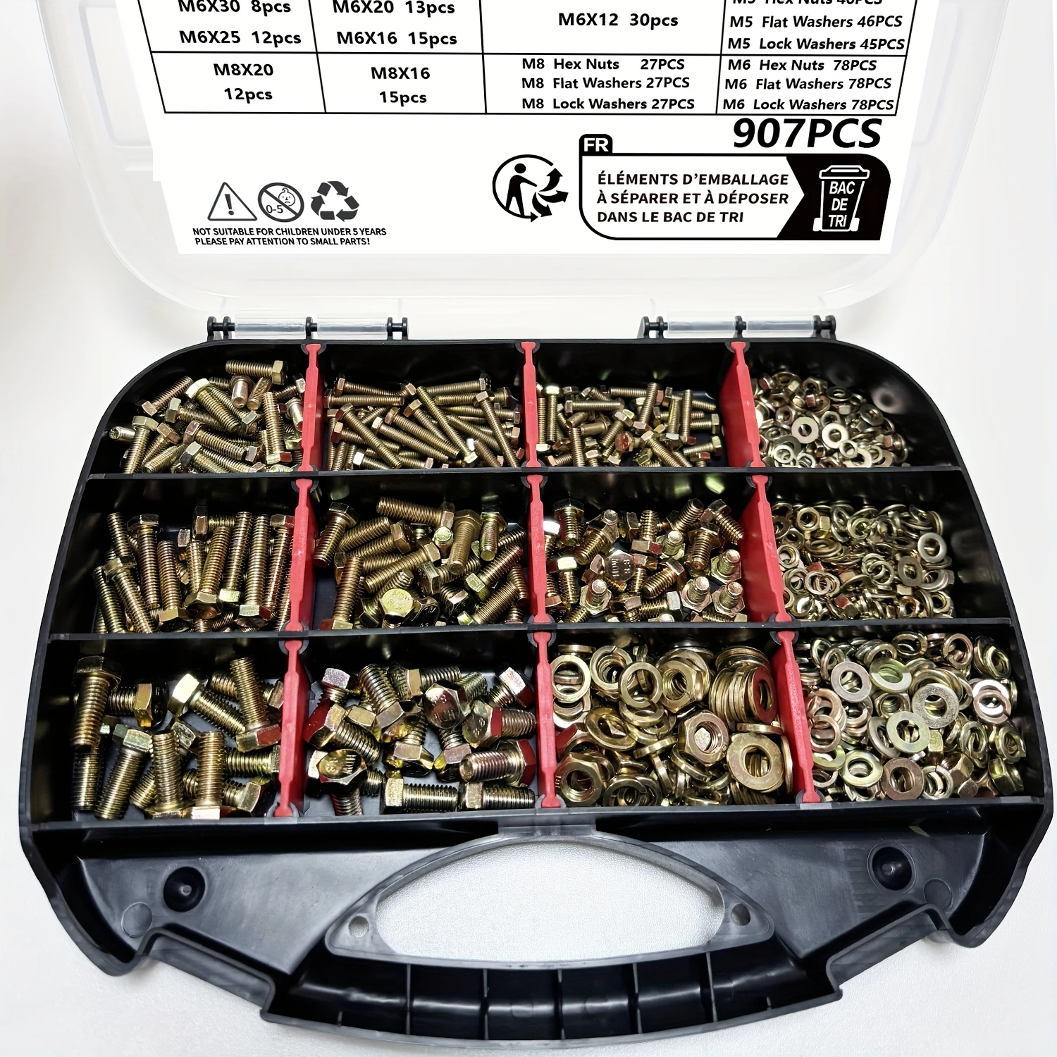 

907 pieces of 8.8 grade metric bolt combination, M4 M5 M6 M8 heavy-duty bolt and nut kit, plated with yellow zinc