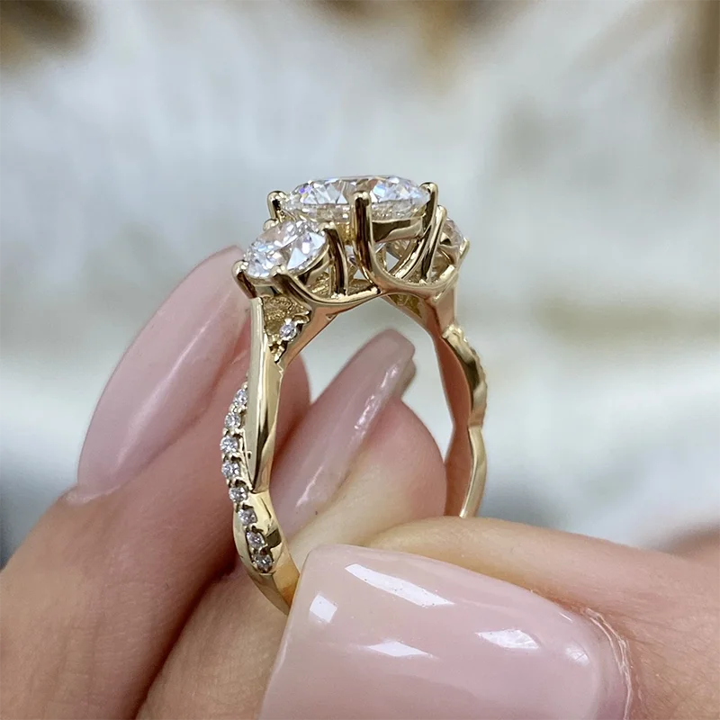 1.5Carat EF/VS IGI Certified ROUND Cut CVD&HPHT Lab Grown Diamond Three Stone Engagement Ring 14k Gold Twisted Band Style Ring