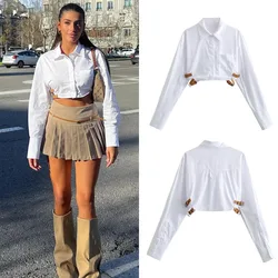 Belt crop shirt Women button up white shirt woman fashion collared cropped shirts blouses streetwear spring long sleeve top