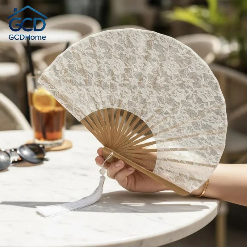 Lace Vintage Hand Fan With Tassel Pendant Handheld Embroidered Folding Fan White Delicate Hand Cranked Fan Photography Props