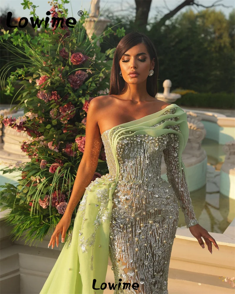 Arabic One Shoulder Long Wedding Party Dress Green Sequins Beaded Formal Evening Gowns 2023 Ruffles Side Train Prom Dresses Robe