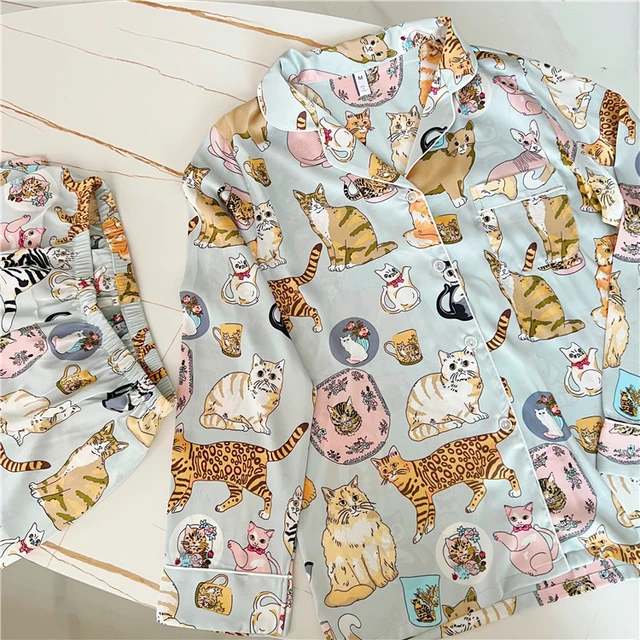 Cute Cat Print Pajamas Women Silk Like Two Pieces Pajama Set Long Sleeve Tops Full Length Pants Lounge Spring Autumn 32904 AliExpress