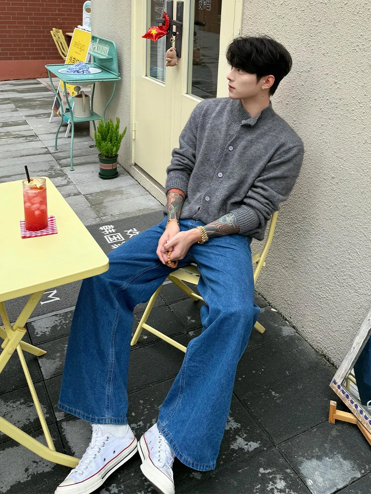 

Мужской вязаный кардиган свободного кроя, осенний повседневный модный свитер-жакет, удобный топ с длинными рукавами и воротником-стойкой