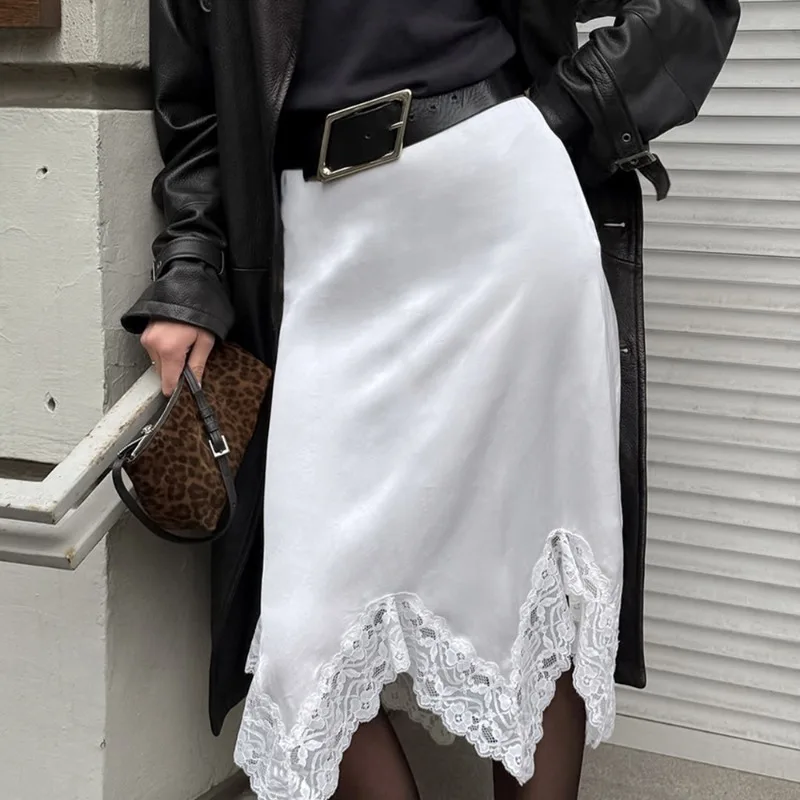 

Talenza White Satin Lace Skirt Fashion High Waist Irregular Lace Patchwork Skirt Casual Party Office Lady Women Chic Lace Skirt