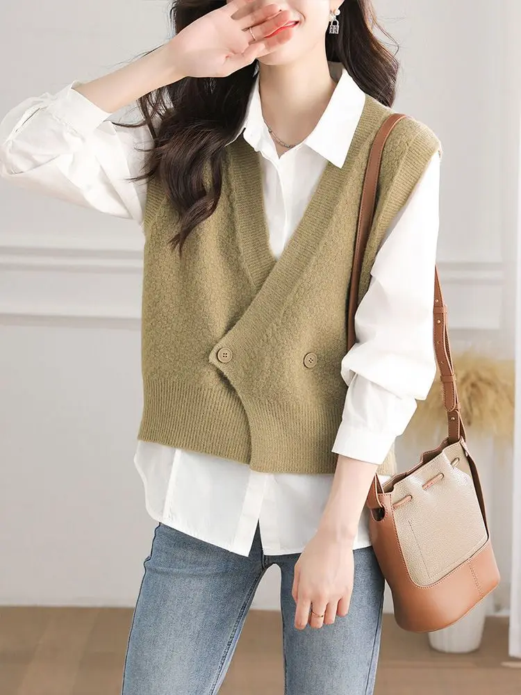 Women's V-neck Knitted Spring and Autumn New Spliced Button Paired with Shirt Layered with Retro Sweater Sleeveless Vest Tops