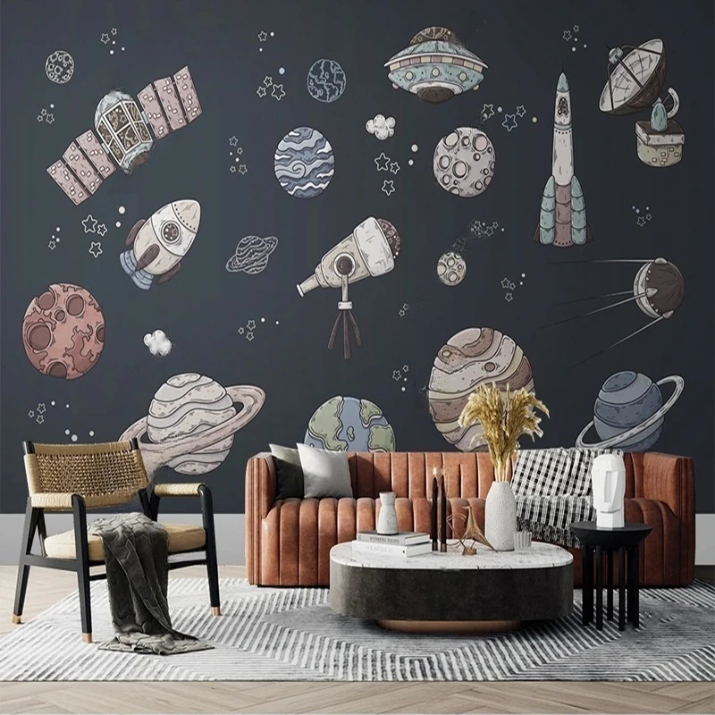 Custom Wall Mural Cartoon Space Theme Wallpaper Planets Universe Pattern Wall Coverings For Kids Room Bedroom Decor Background