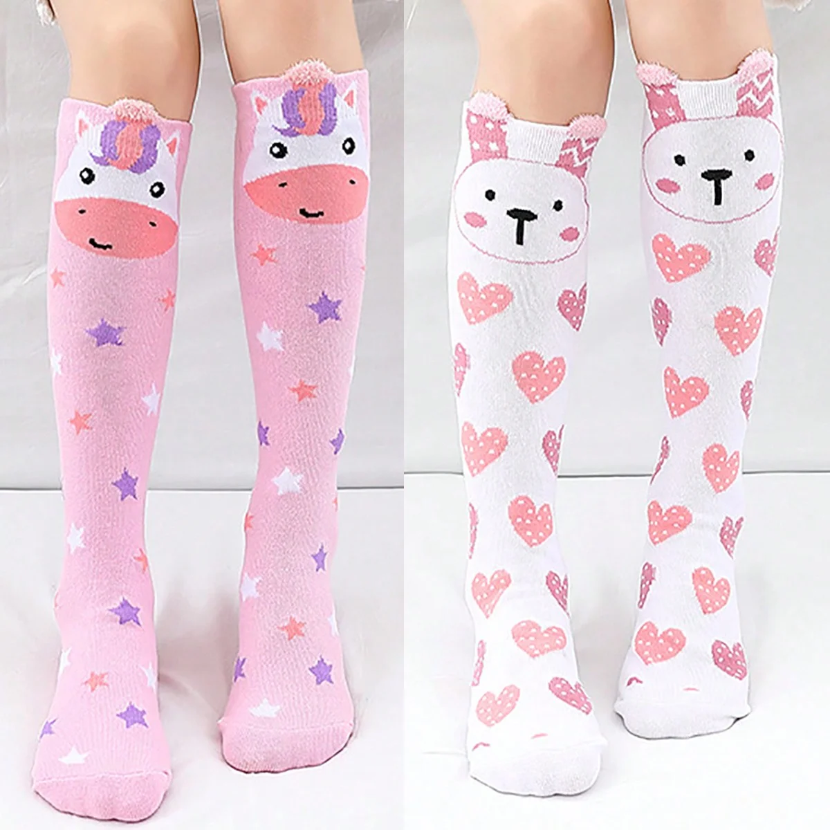 2 Pairs of Cute Bunny Heart Knee-High Socks for Girls, Soft and Comfortable Over-The-Knee Socks for Girls for All Seasons, Suitable for Casual Daily Life