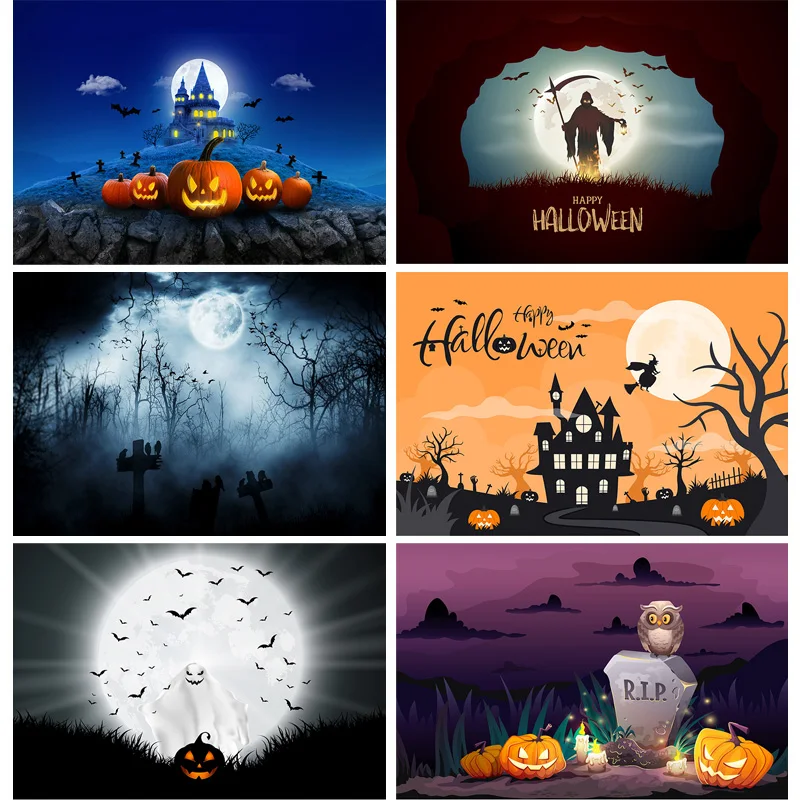 Halloween Backdrop Tombstone Castle Pumpkin Lantern Moon  Photography Background Photo Studio Props JKL-04