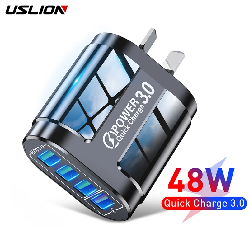 USLION 48W Fast Charging Australian Standard Plug USB Charger 4 Ports QC 3.0 USB Mobile Phone Travel Charger Universal Adapter