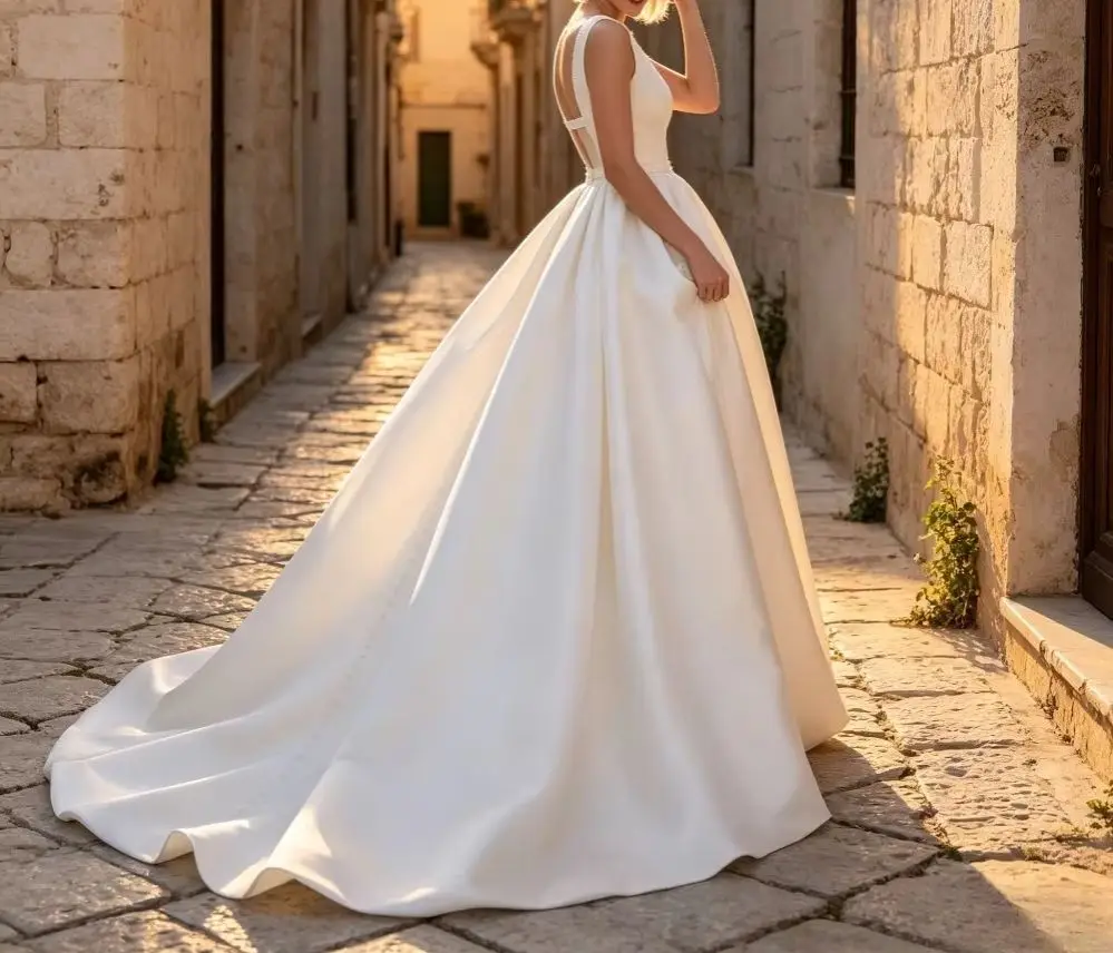 Customized 2026 Round Neck Sleeveless Satin Wedding Dress Simple Square Backless Ruffled Edges and Beaded Waistband for Brides