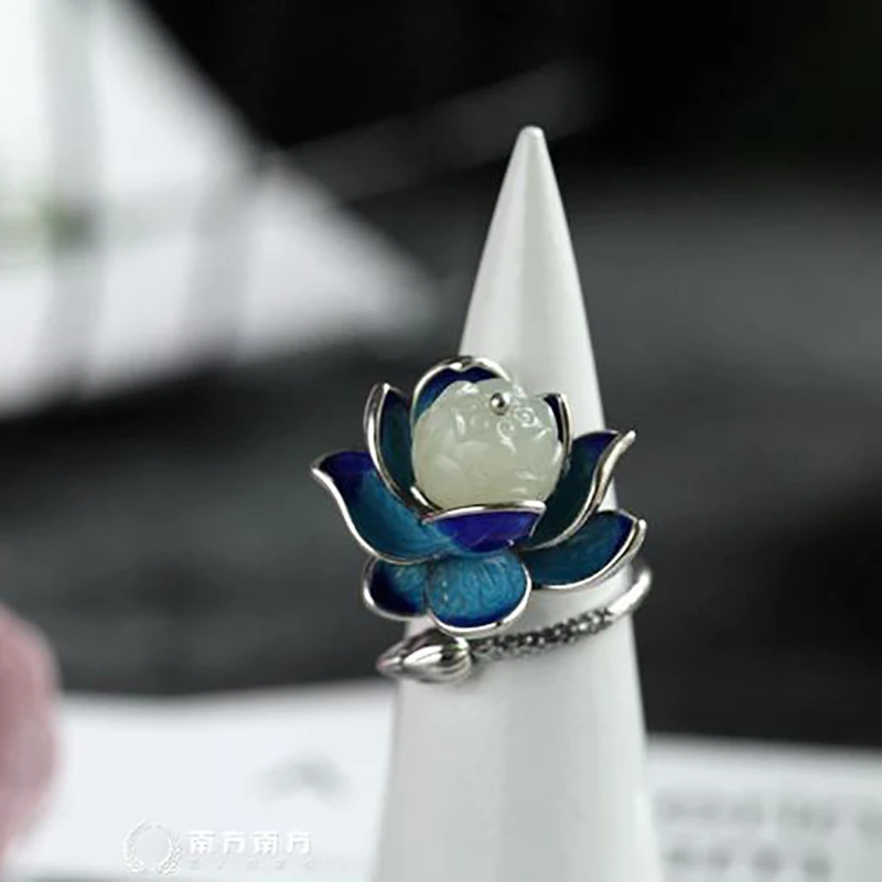 Natural Hetian  jade Enamel Porcelain Lotus Canopy Open Ring Chinese Retro Designer Style original Design Silver jewelry