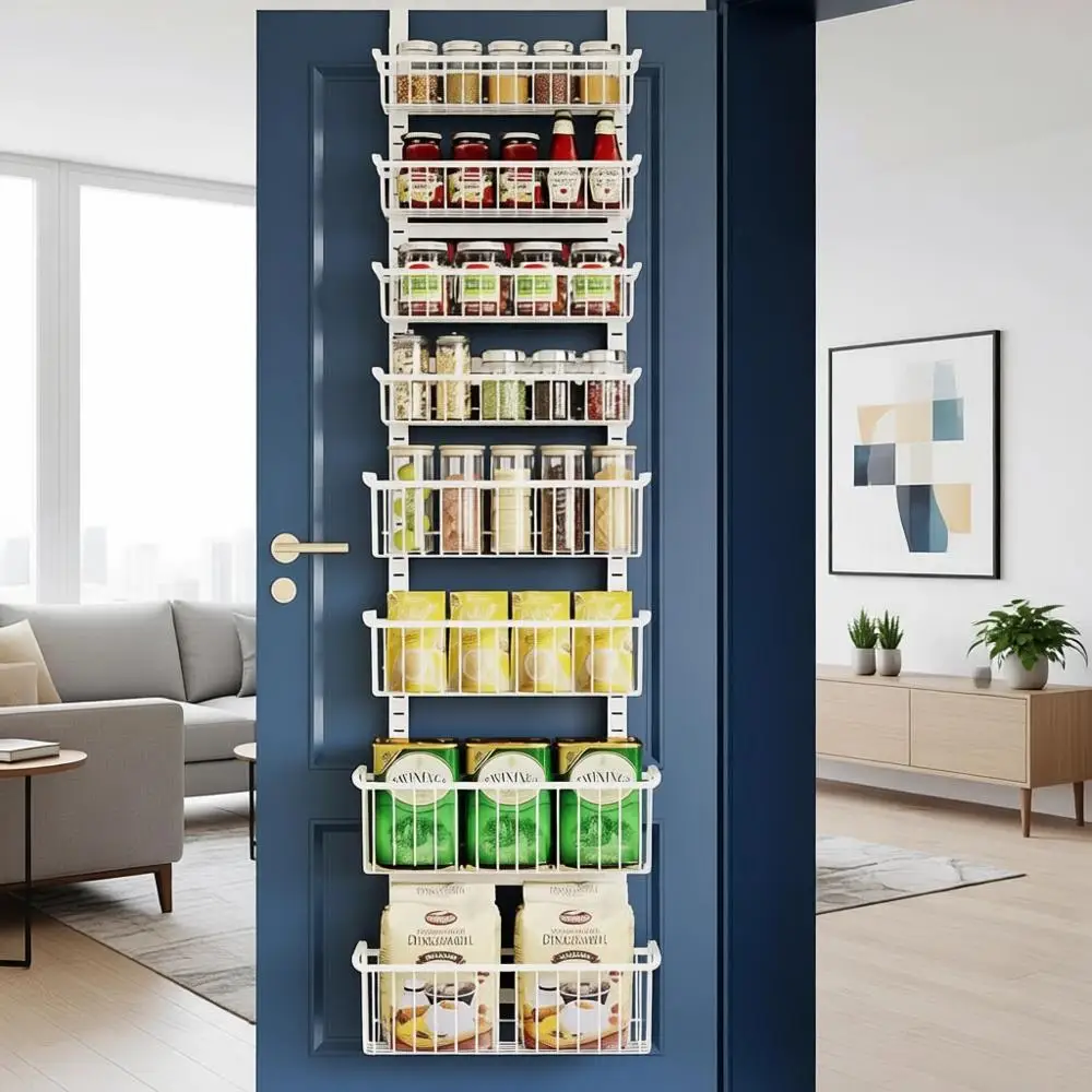 

8-уровневый регулируемый органайзер для дверей с корзинами — металлическая полка для специй для кухни, прачечной и ванной комнаты, белая