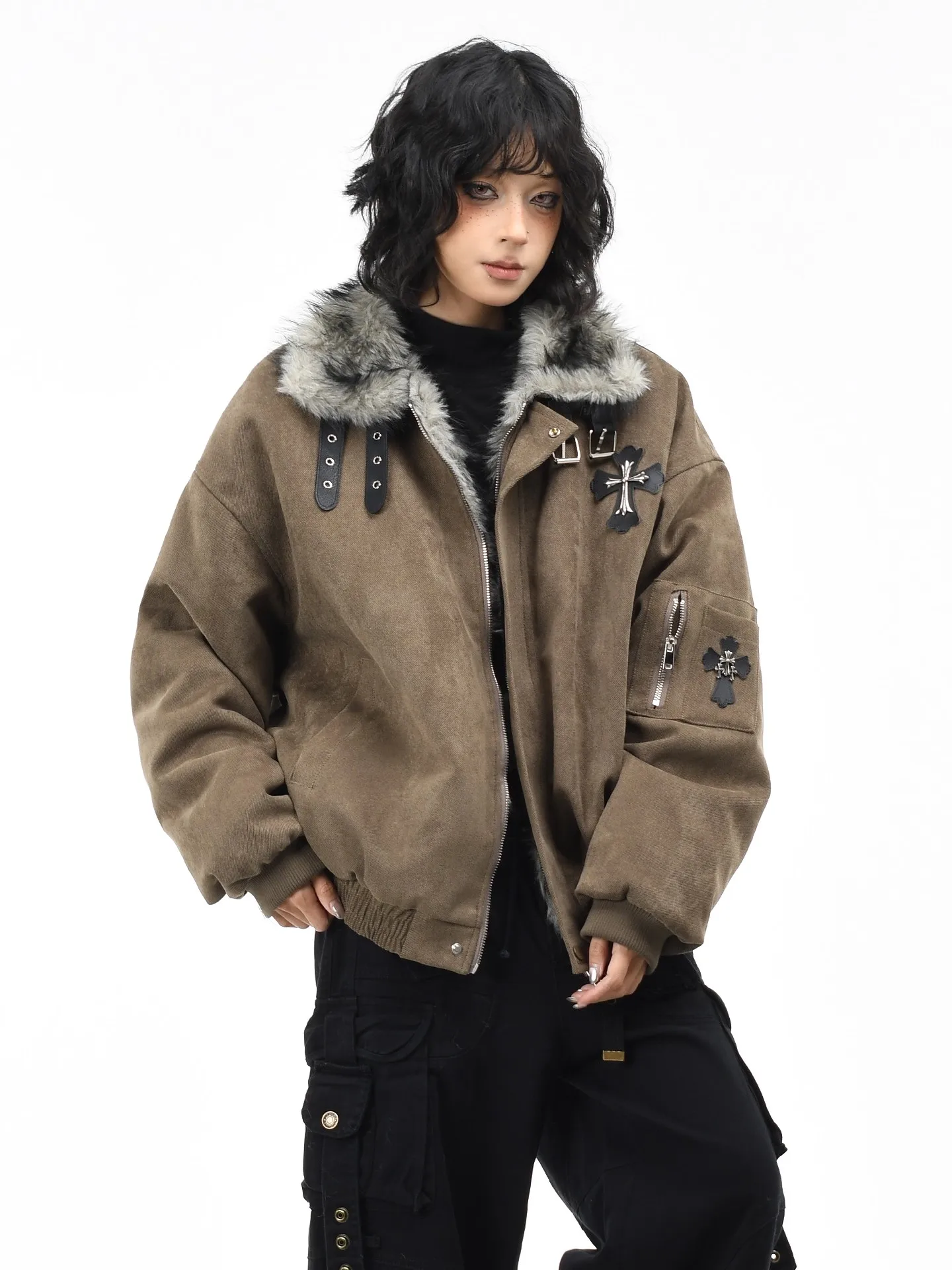 

Winter Streetwear Thiened Cotton Jaet Women's Loose Fit Embroidery Texture Leather Patch Cross Stitched Coat Hip Hop Sle