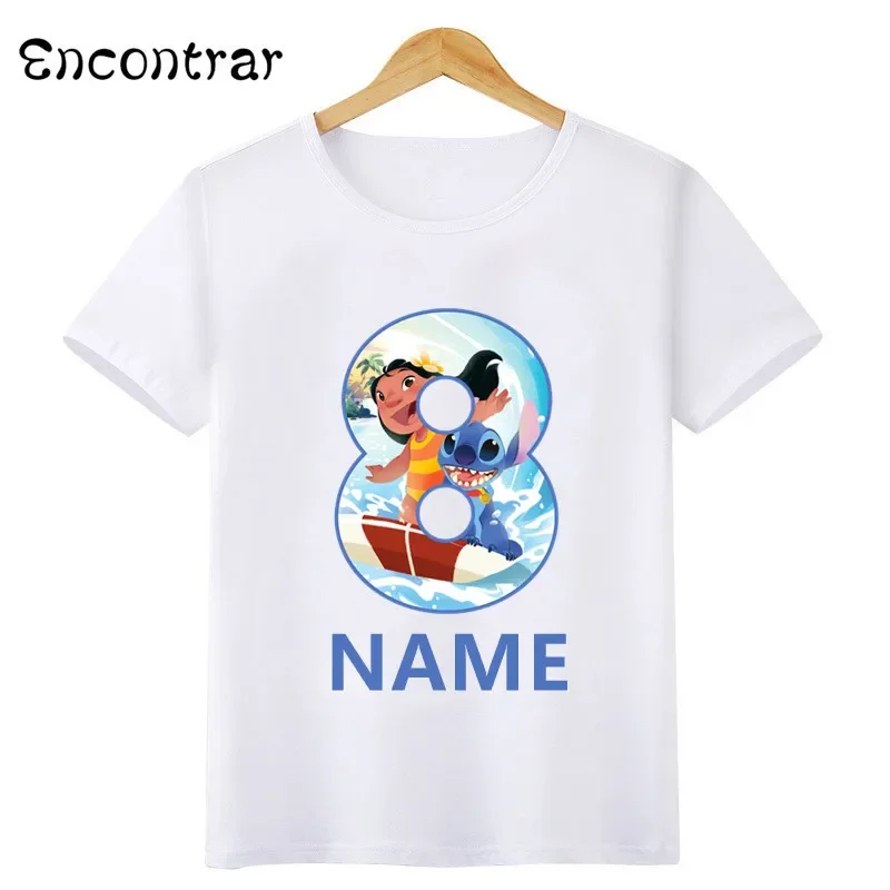 Disney Lilo & Stitch Number Bow Print T shirt Cartoon Kids Clothes 1 2 3 4 5 6 7 8 9 Years Birthday Girls T-Shirts Baby Tops