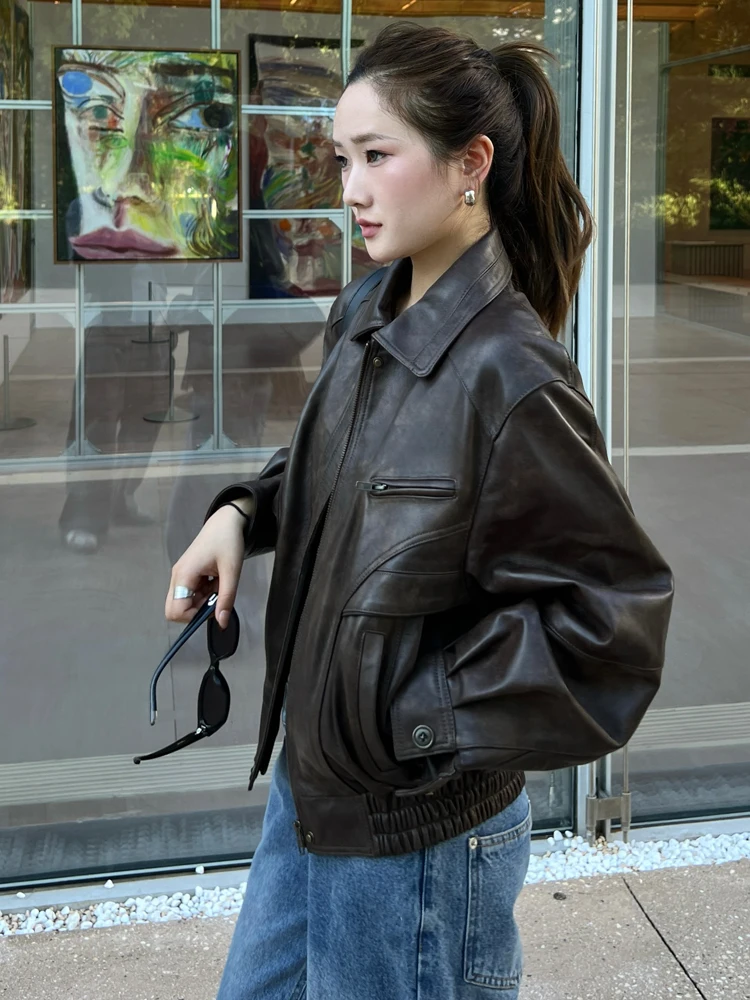 

American Cool Leather Jacket Women's Loose Fit Brown Real Sheepskin Biker Coat Autumn Vintage Style Motorcycle Jacket