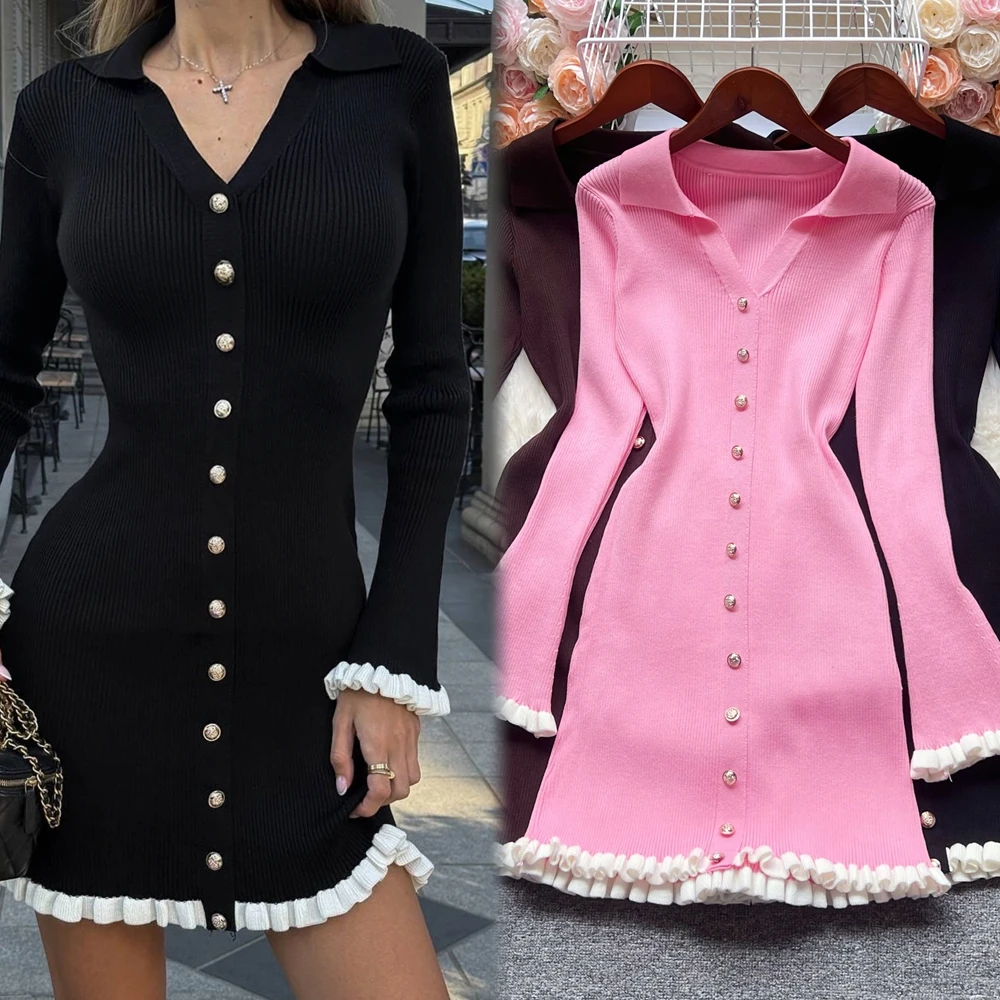 Yuoomuoo chique moda 2025 outono inverno feminino malha mini vestido estilo francês harajuku preto babados vestido de festa senhora outfits