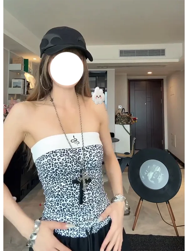 

Spicy Girl Leopard Print Color Block Slim Fit Tube Top Women Summer Design Loose Wide Leg Pants Set Fashionable Versatile Outfit