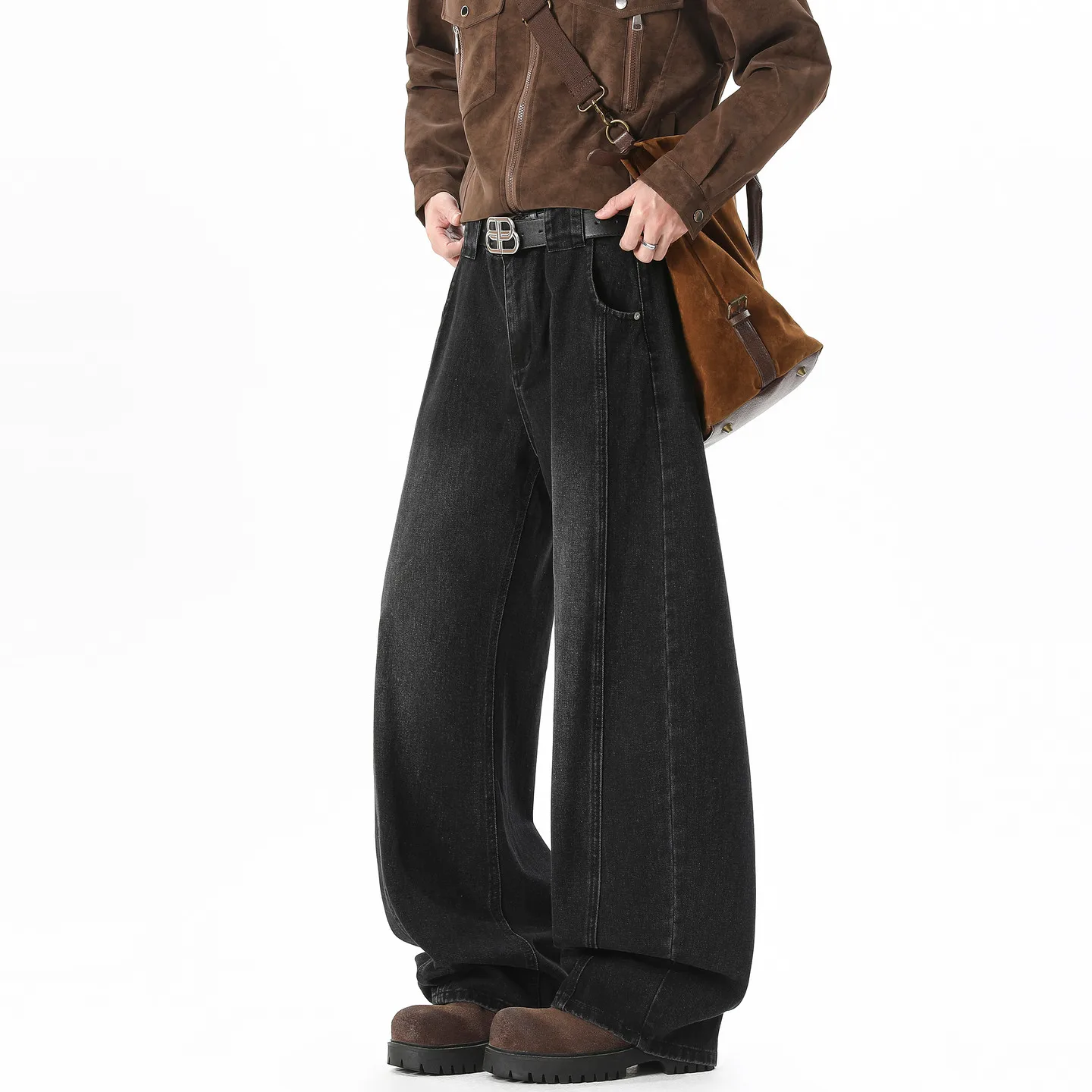 Retro Washed Curved Leg Jeans Baggy Wide Denim Pants Loose Barrel Trousers Fleece Lining Option Lightweight Casual Streetwear