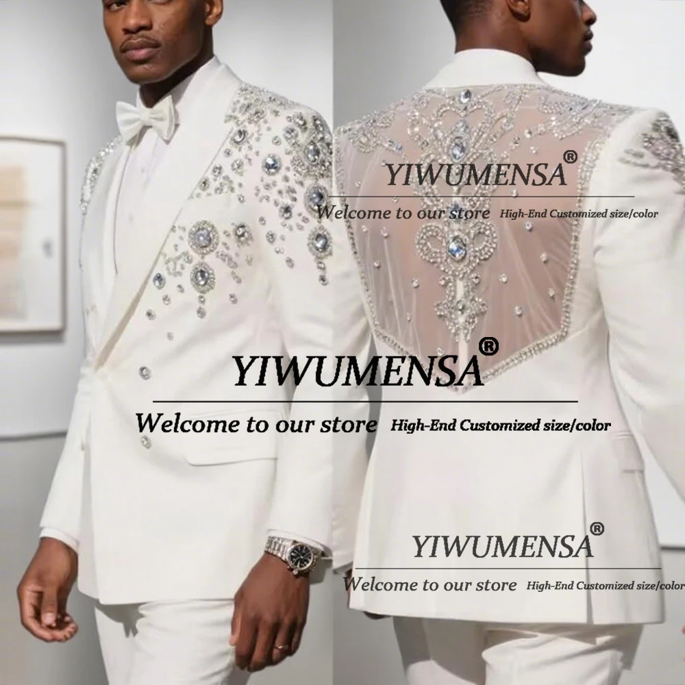 

Unique Design Beaded Crystals Men Suits Customized Wedding Groom Tuxedos 2 Pieces Sets Prom Blazers Hollow-Out Costume Homme