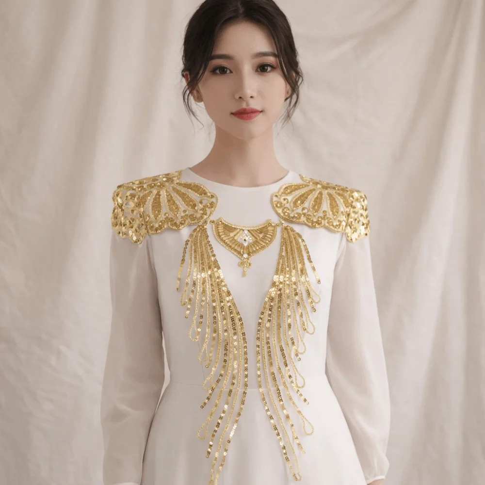 

Набор из 1 шт. Золотисто-серебристая кружевная тканевая аппликация с пайетками, вышивкой и бахромой, отделка из органзы для лифов и воротников, элегантная нашивка с пайетками