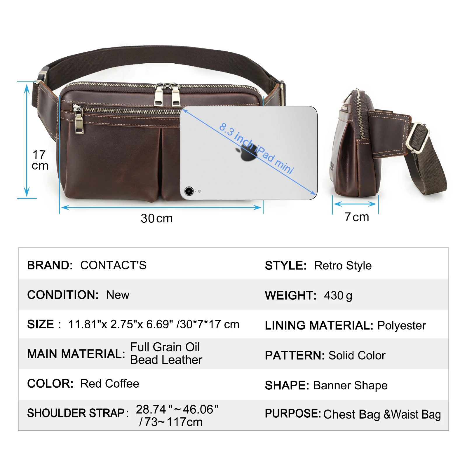 CONTACT'S 2025 Genuine Leather Waist Pakcks for Men High Quality Waist Bags Crossbody Bag Male Chest Bag for 8.3" iPad Mini