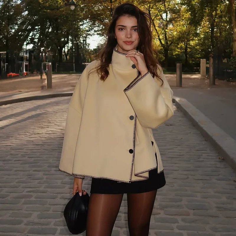 

TARUXY Women Wool Coats With Wide Shoulder Autumn Vintage High Neck Long Sleeve Button Lady Jacket Causal Female Chic Tops Coat