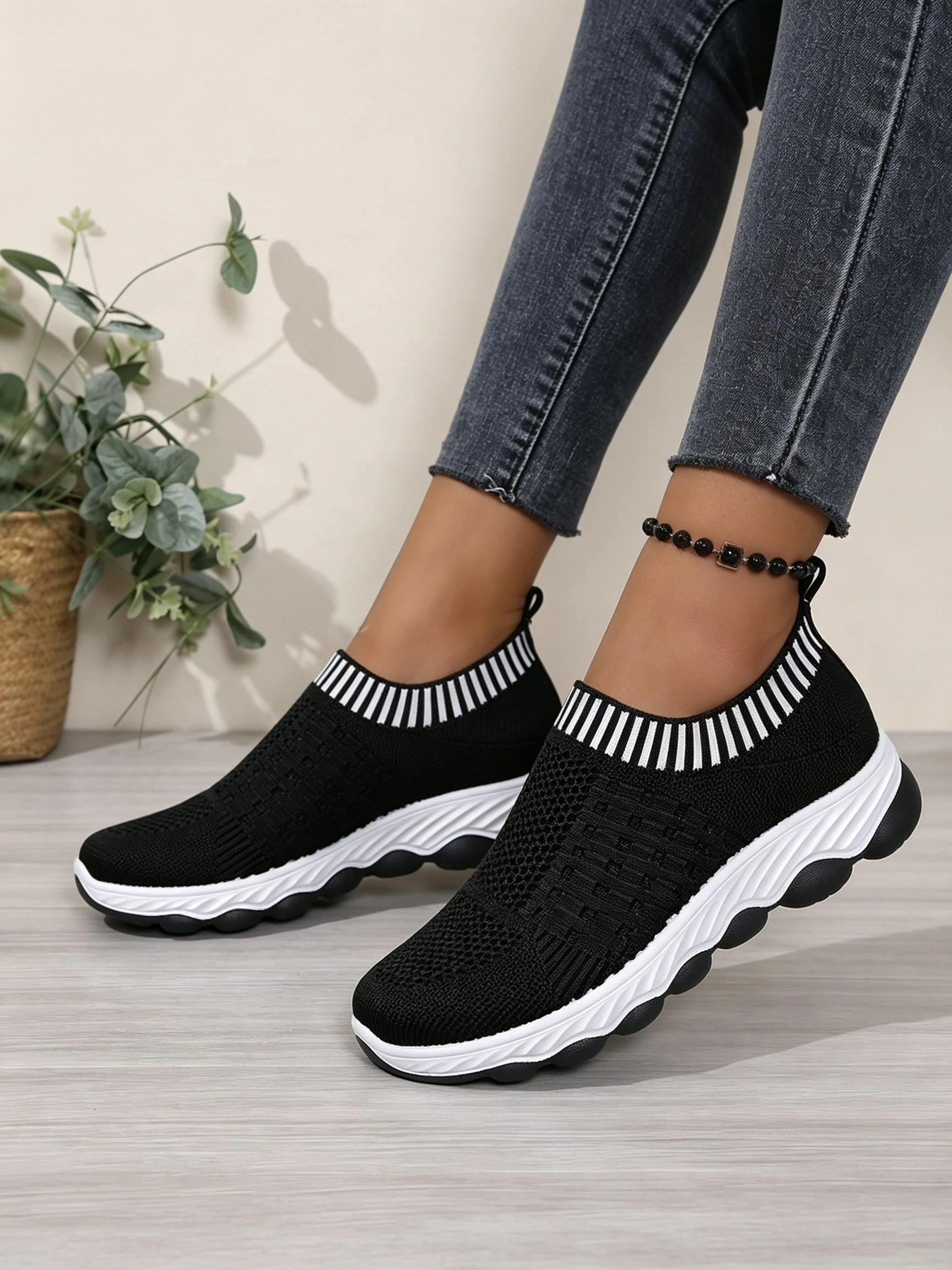 Frühling Herbst Damen Slip-On Strick-Wanderschuhe Atmungsaktives Mesh Rutschfeste Plattform Weiche Sohle Komfortable Orthopädische Freizeitsneaker – Detail 6