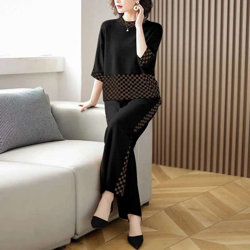 Middle-aged mother Fashion Suit 2024 Spring Autumn New Loose Plaid Patchwork Top+Wide leg pants Two-piece Women\'s Clothing Sets