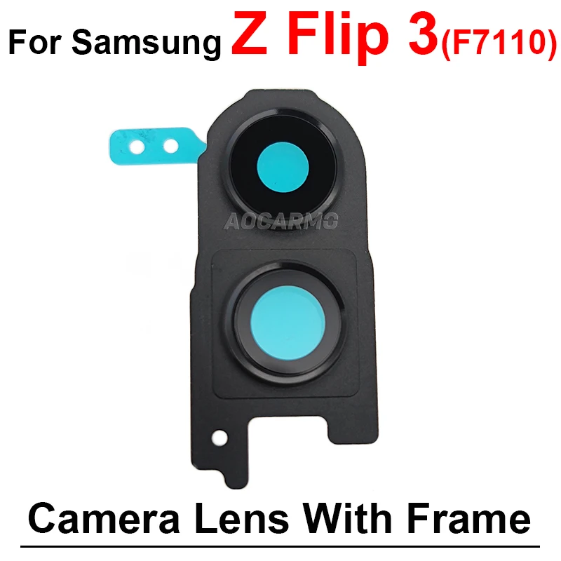 Lensa kamera belakang, untuk Samsung Galaxy Z Flip 3 F7110 Flip3 hitam dengan bingkai dan bagian pengganti stiker