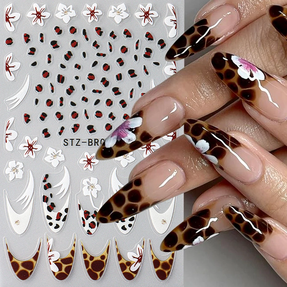 Cheetah French Nails Stickers Flowers Leopard Self-Adhesive Decals Holographic Slider Manicure Art Supplies And Decorations