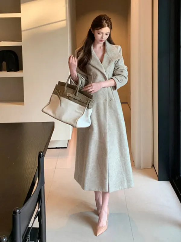 

Корейское длинное шерстяное пальто для женщин, модное приталенное пальто с поясом, зимняя верхняя одежда, элегантная и стильная верхняя одежда