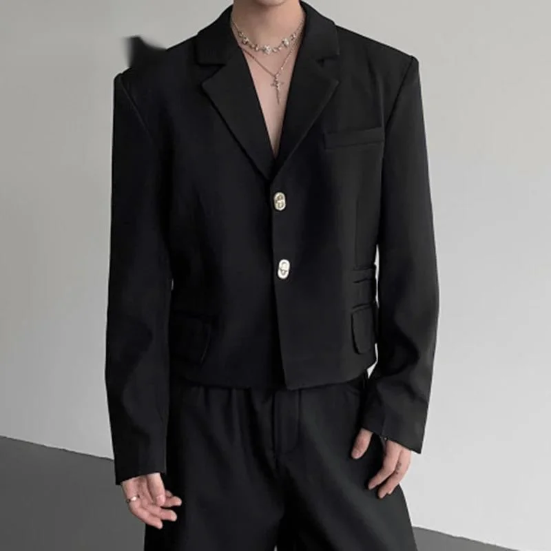 

Simple Men's Blazers Lapel Shoulder Padded Solid Color Metal Single Breasted Casual Short Loose Male Jackets Fashion 9YTHR