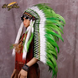 Indian Feather Headdress Replica Made Green Feather Headpiece Costumes Handmade Feather Hat Costumes