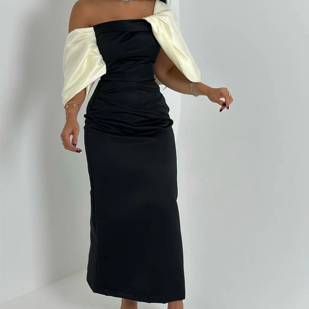 CustomizedClassic Contrast Color Pleat Boat Neck Ankle Length Straight Платье Вечернее Satin Off The Shoulder Girdling Vestidos
