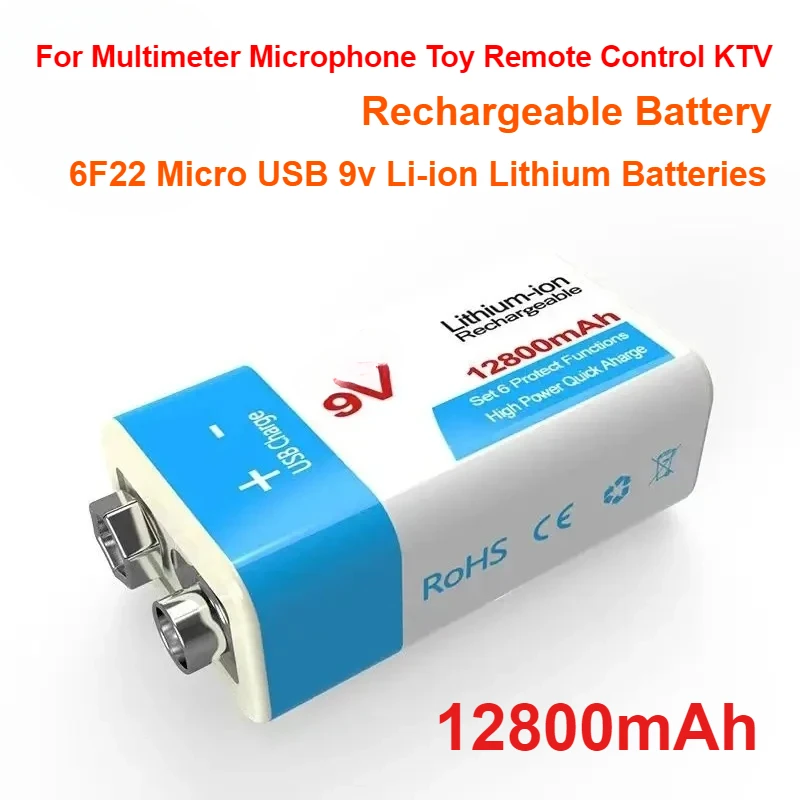 

For Multimeter Microphone Toy Remote Control KTV New 9V Rechargeable Battery 12800mAh 6F22 Micro USB 9v Li-ion Lithium Batteries