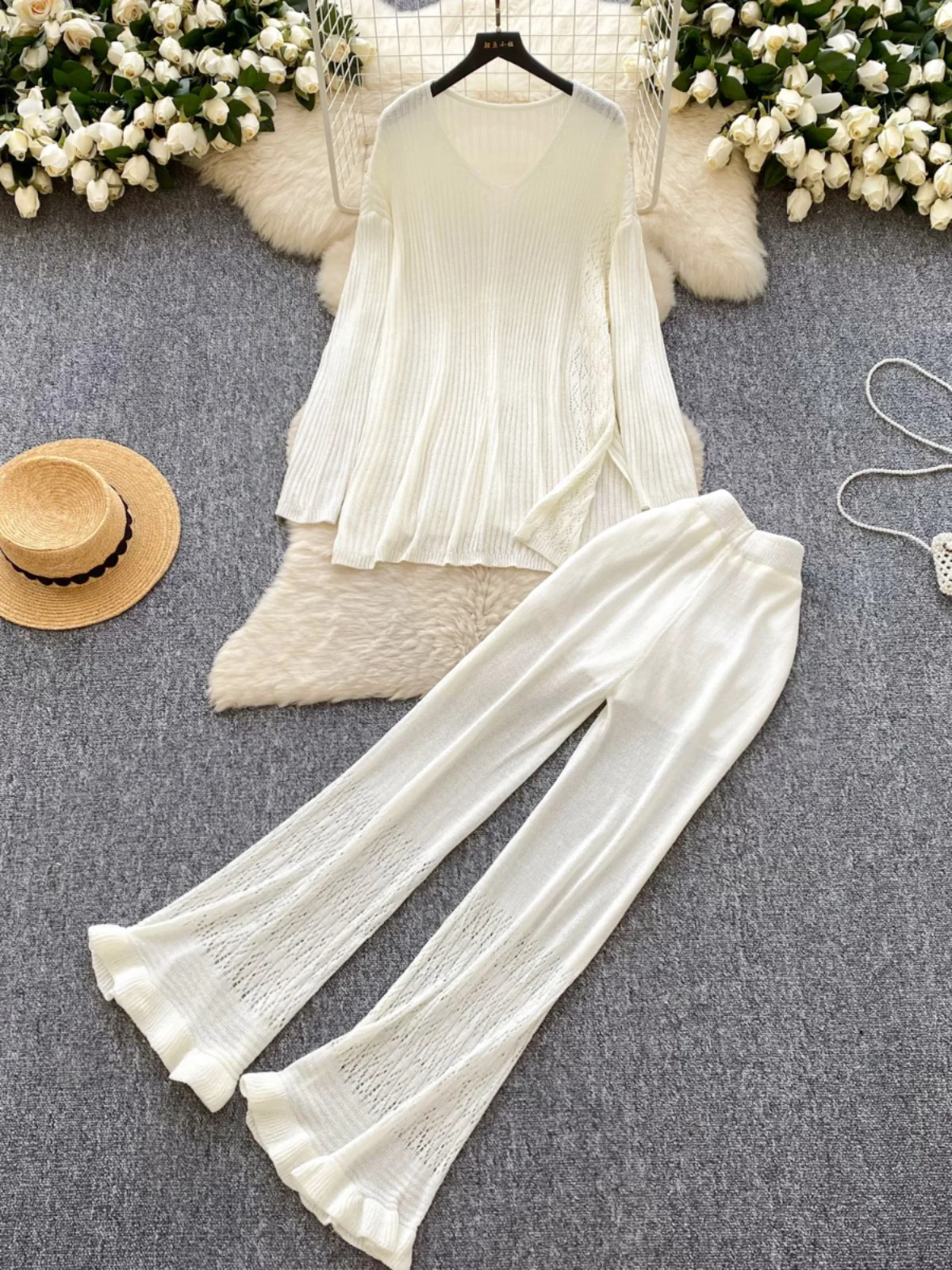 Spring Autumn Solid Knitted Two Piece Set Women V-neck Long Sleeved Split Pullover Tops And High Waist Ruffles Pants Casual Chic