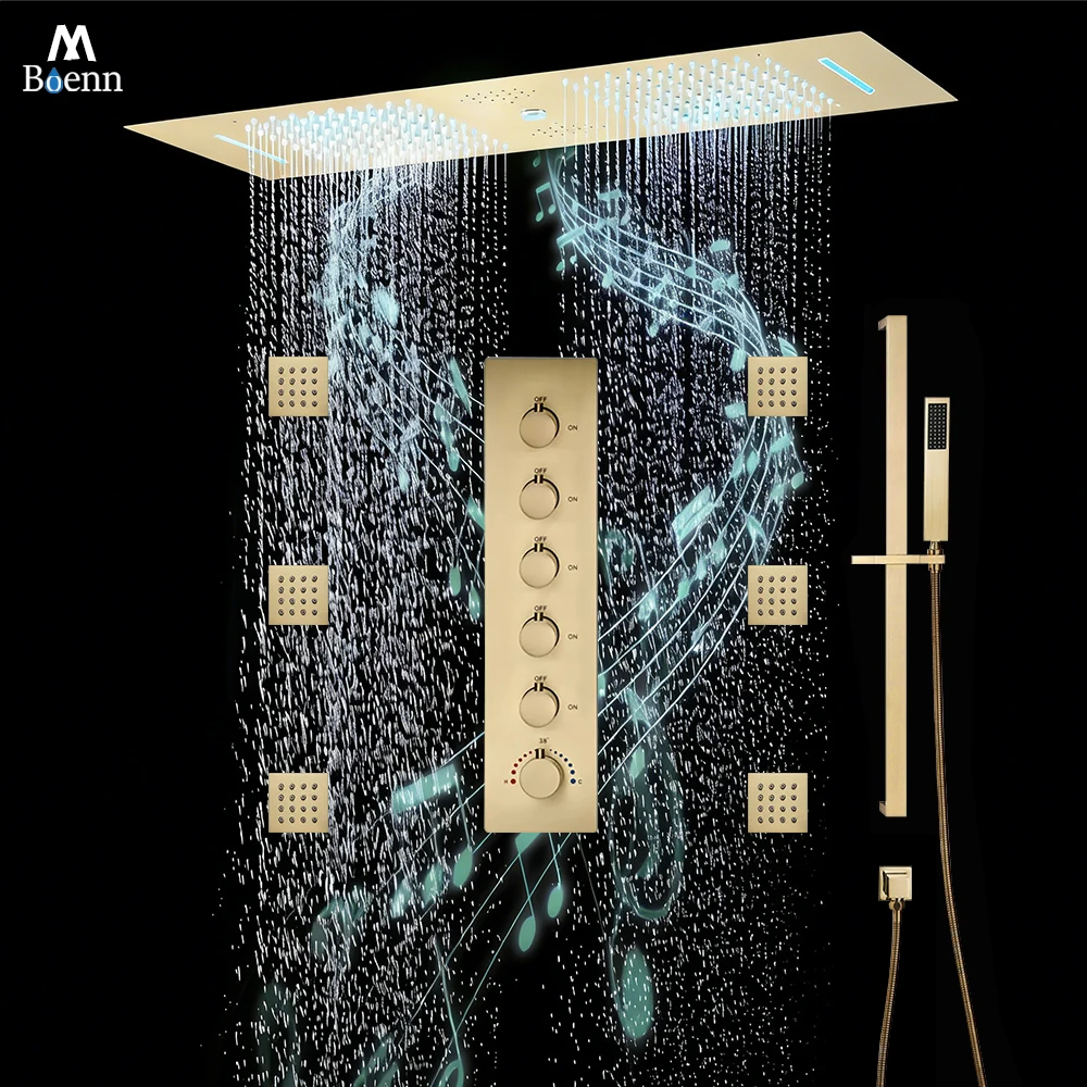 

M Boenn 35*12 Inch Bar Shape Couple Shower Head Rainfall Bathroom Faucets 5 Functions Shower Set Smart Thermostatic Mixer Brass