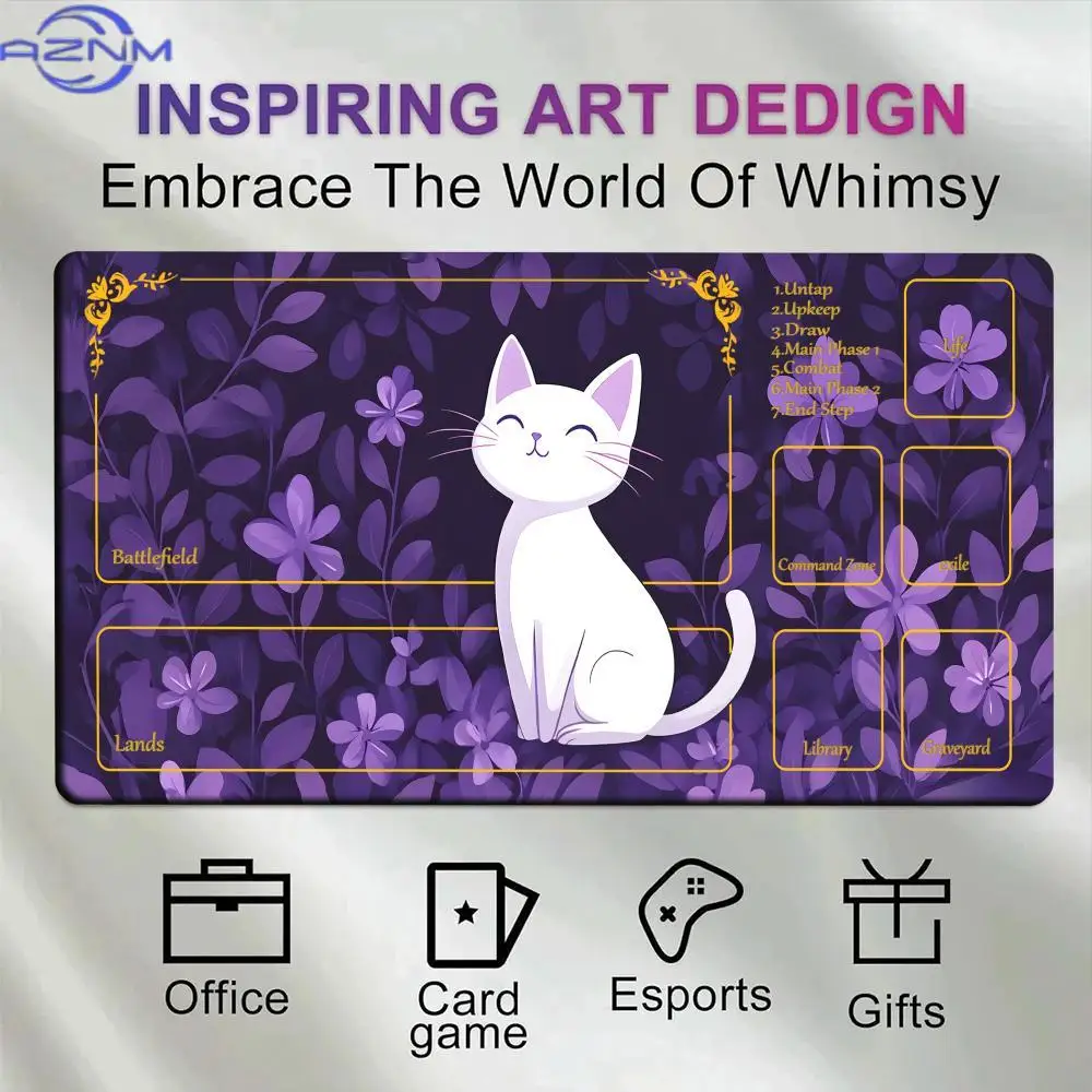 Purple plants and white cat MousePad With zone Magic Playmat Card Battles Commander Game pad Duel Desk mat for TCG MTG Non-Slip