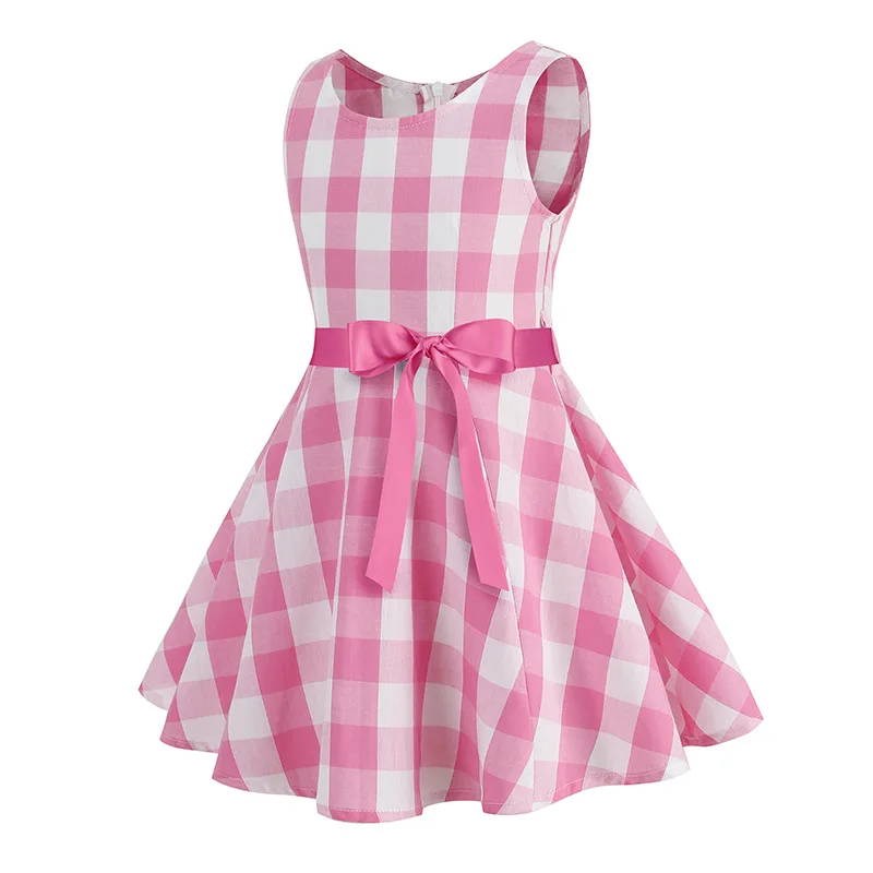 2024 New Retro Pink Grid Children's Sleeveless Dress Spring Summer 1950s 60s Hepburn Vintage Cute A-line Print Princess Dresses