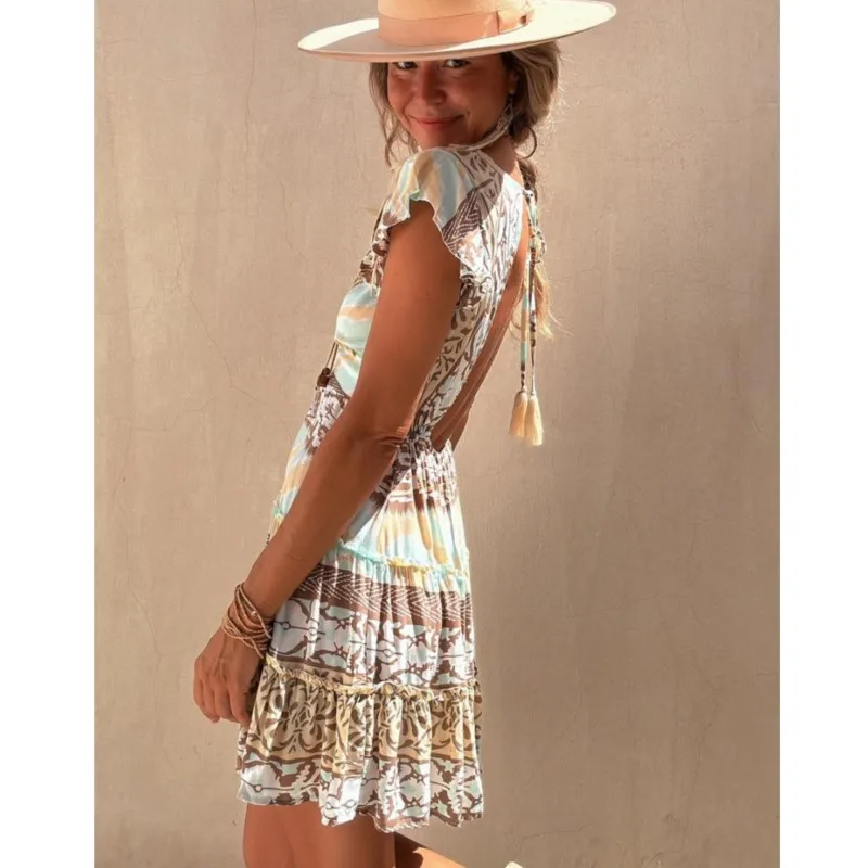 Ethnic Style Short Dress Summer 2024 New Women\'s V-neck Pullover Printed Flying Sleeves A-line Waist Cinched Women\'s Short Skirt