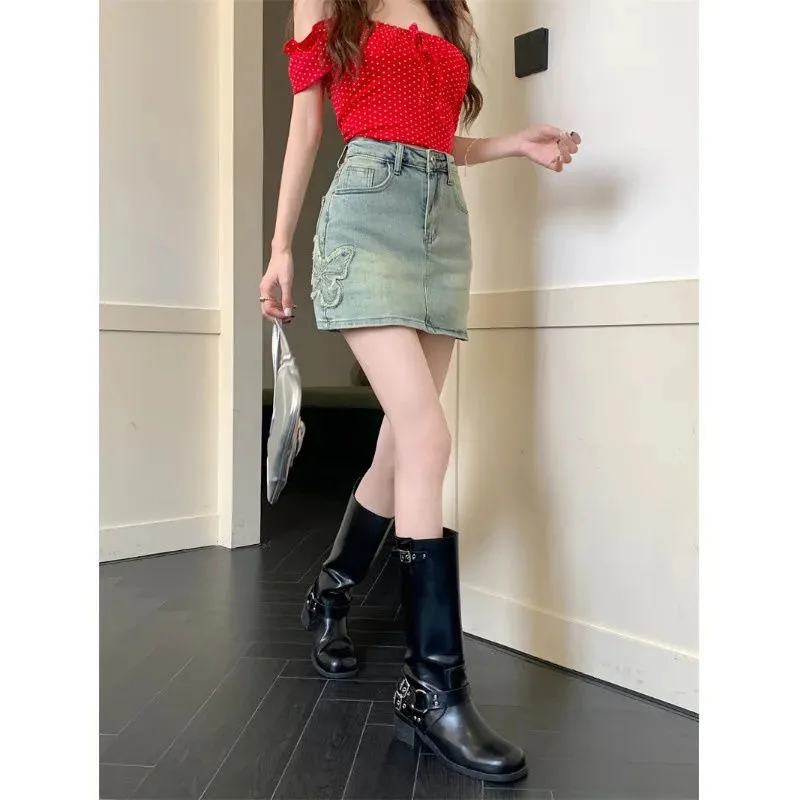 Butterfly Embroidered Spice Girl Denim Skirt Female Summer 2025 New Retro High Waist Slim A-line Slim Skirt