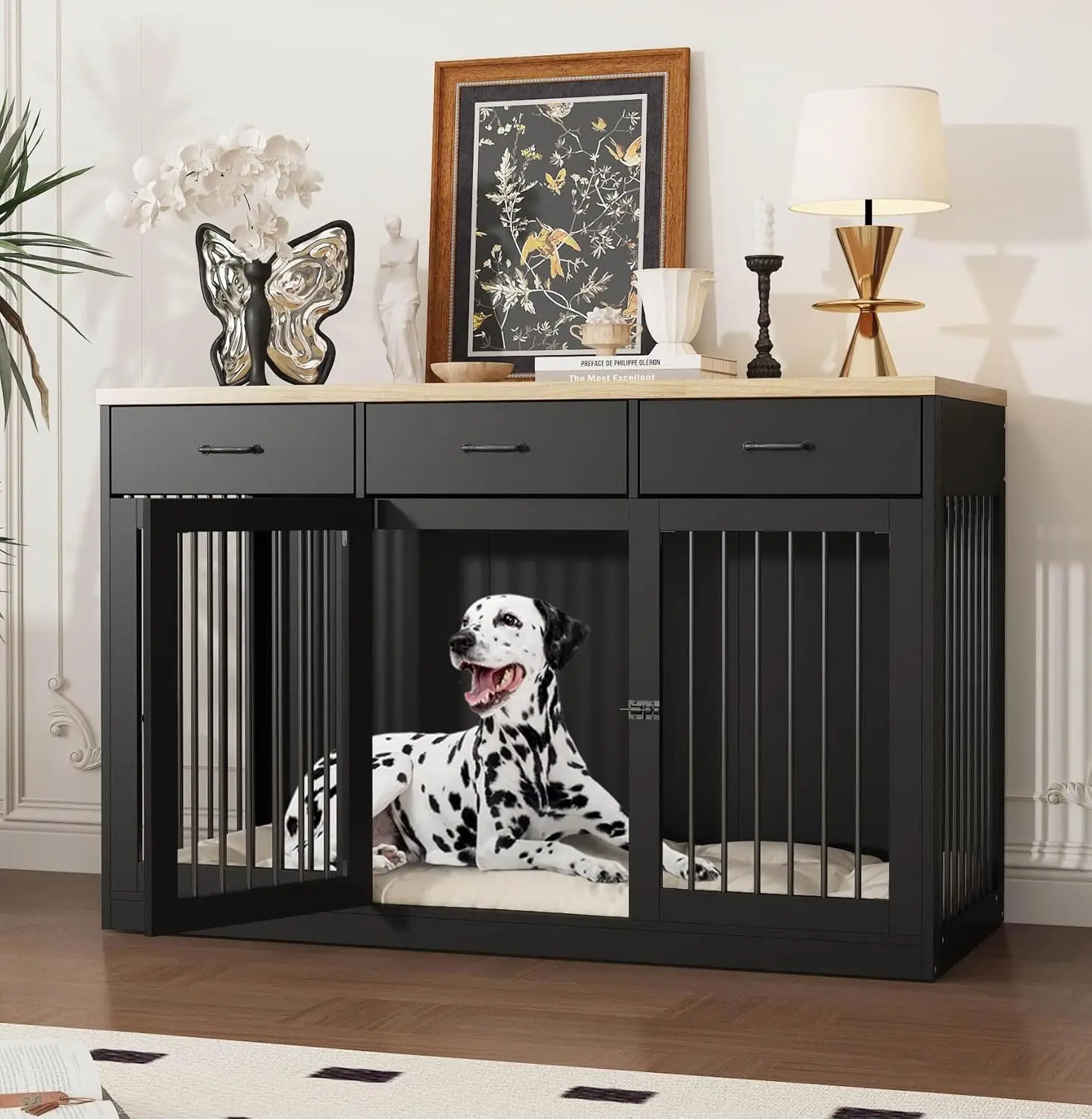 

Мебель-вольер для собак 55,3 дюйма, сверхбольшой, усиленный, с 3 выдвижными ящиками, современный, для использования в помещении, приставной к мебели