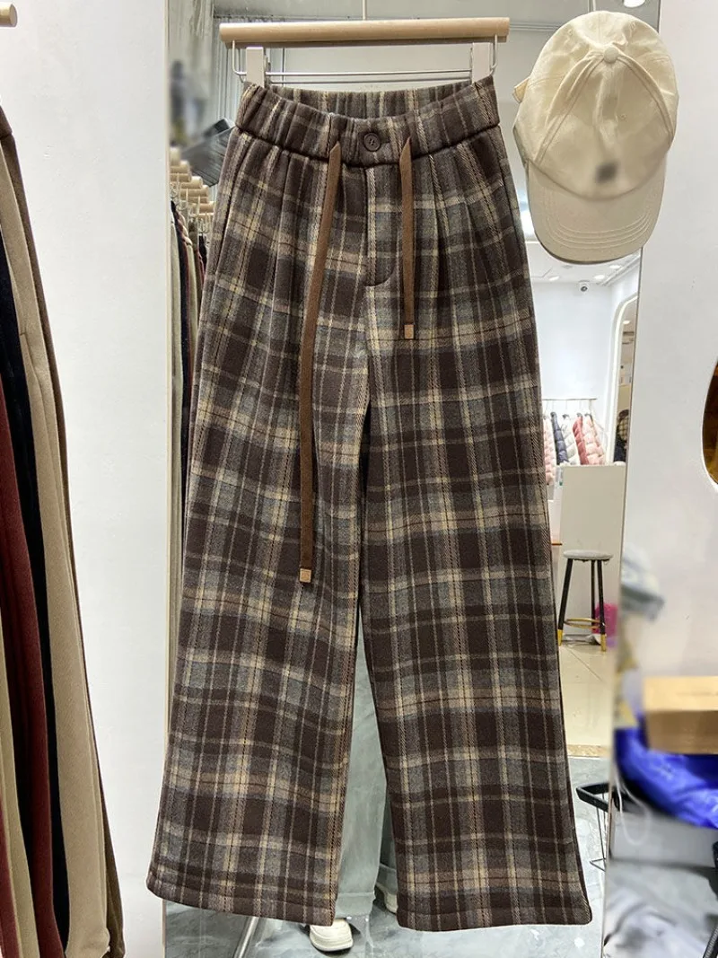 INS Thicken Plush Winter Plaid Pants Dark Brown Preppy Vintage Wide Leg Pants High Waisted Casual Trousers Full Length All-match